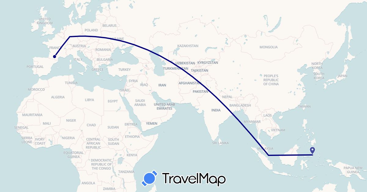 TravelMap itinerary: driving in Germany, France, Indonesia, Singapore (Asia, Europe)